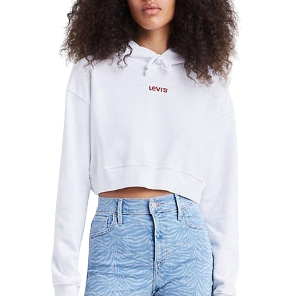 Levi's Hoodie Women L White Cropped Logo Drop Sleeve A08298606
